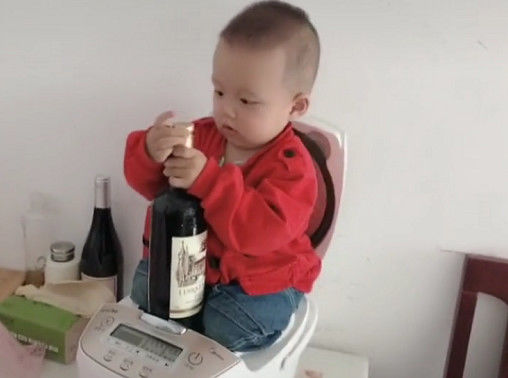 “捣蛋鬼宝宝”蹲在电饭煲中开红酒，孩子静悄悄，必定在作妖
