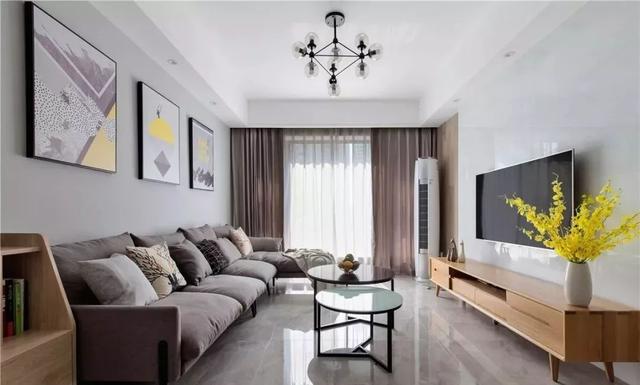 109平北欧三居,大理石+木饰面打造的电视墙,真耐看