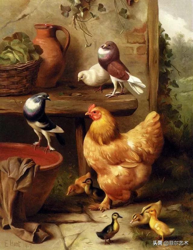 院子里的家禽~英国画家埃德加·亨特油画作品赏析