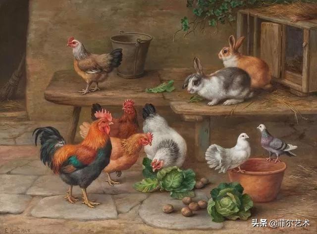 院子里的家禽~英国画家埃德加·亨特油画作品赏析