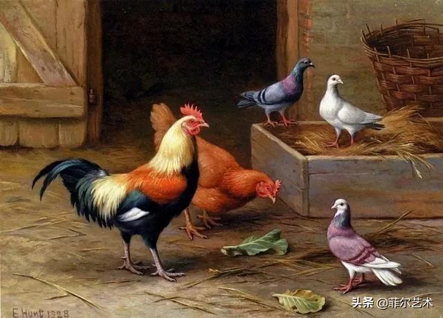院子里的家禽~英国画家埃德加·亨特油画作品赏析