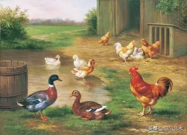 院子里的家禽~英国画家埃德加·亨特油画作品赏析