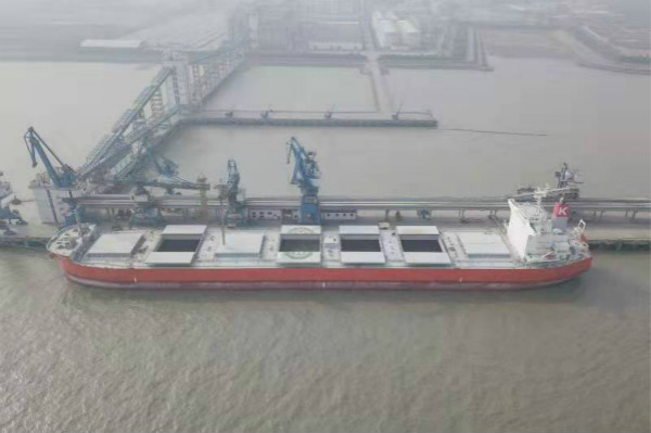 海口岸新年首船大豆进境 海关全力守护“粮山豆海”