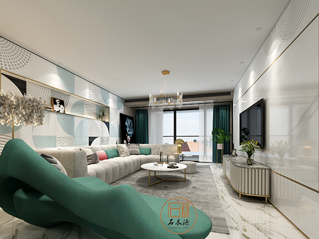 异域新现代主义蓝灰白调 石木源岩板定制整体客厅