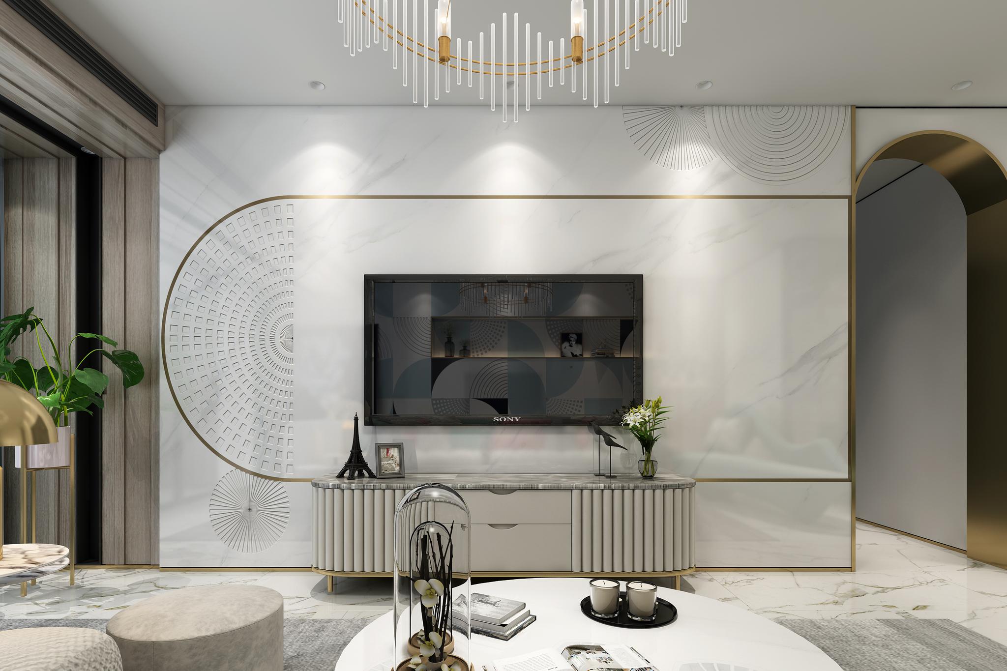 异域新现代主义蓝灰白调 石木源岩板定制整体客厅