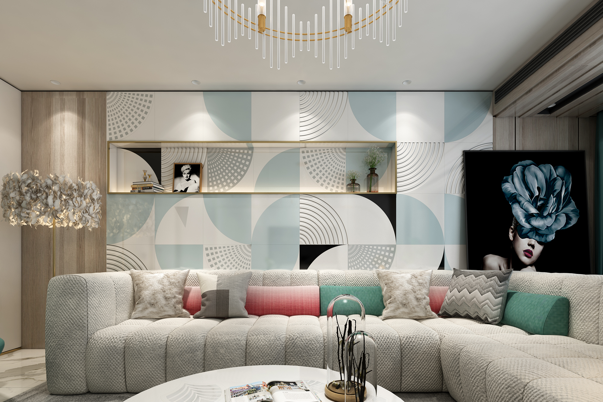 异域新现代主义蓝灰白调 石木源岩板定制整体客厅