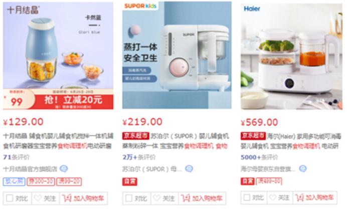 目前电商平台在售的迷你型、单杯型、双杯型辅食机产品